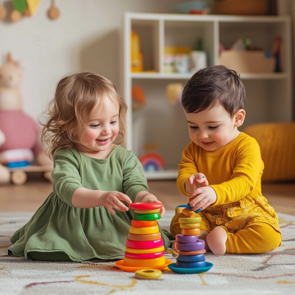 שני פעוטות יושבים על שטיח ומשחקים יחד במשחק טבעות צבעוניות