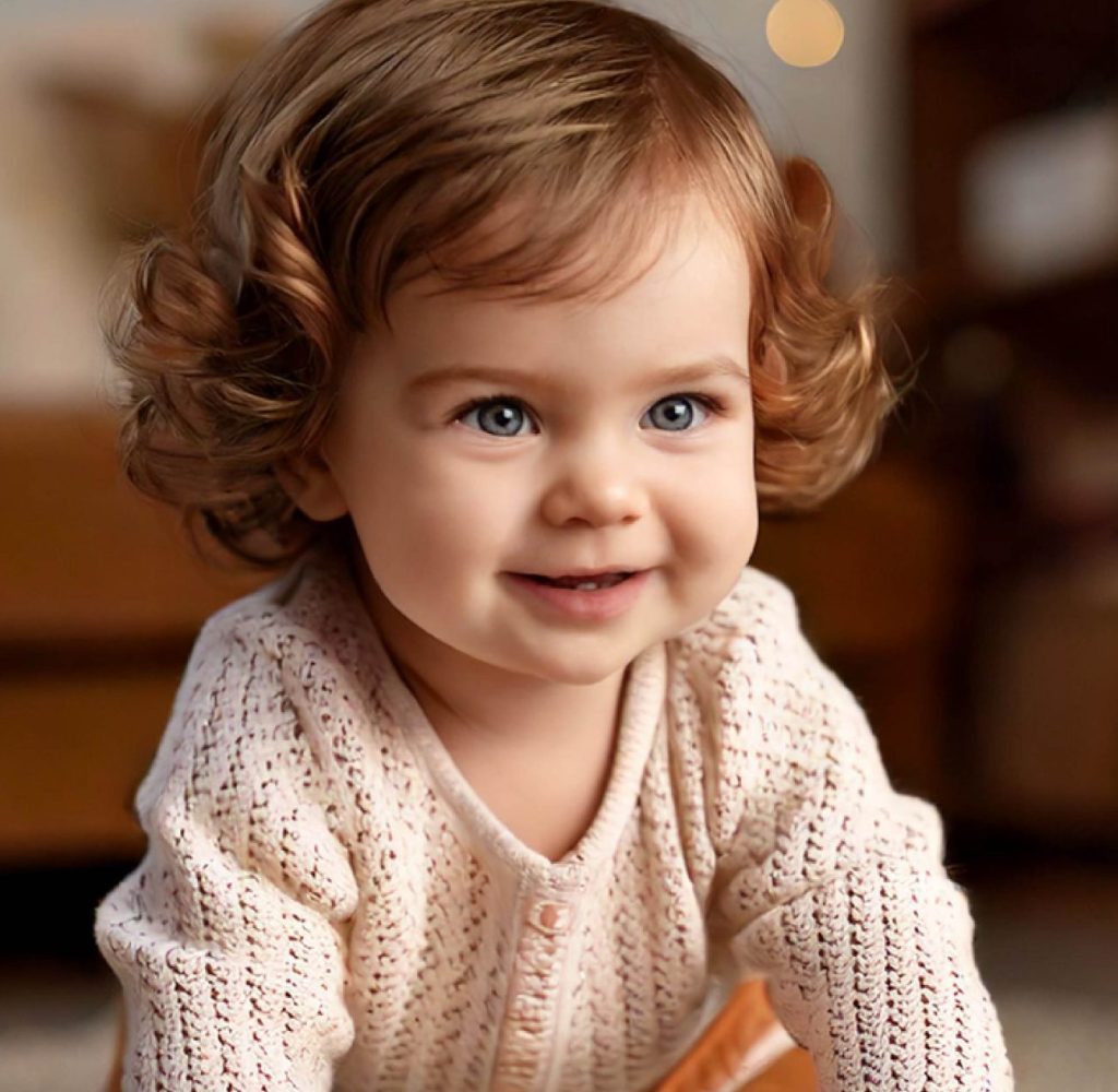 תינוק עם עיניים כחולות ושיער מתולתל חום-זהוב, לבוש סוודר סרוג בהיר, מחייך ומביט קדימה.