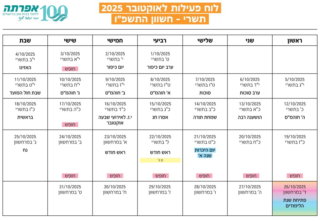 לוח פעילות אוקטובר תשפו